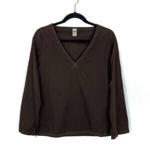 PrAna 100% Cotton Long Sleeve V-Neck Boho Top Small Brown